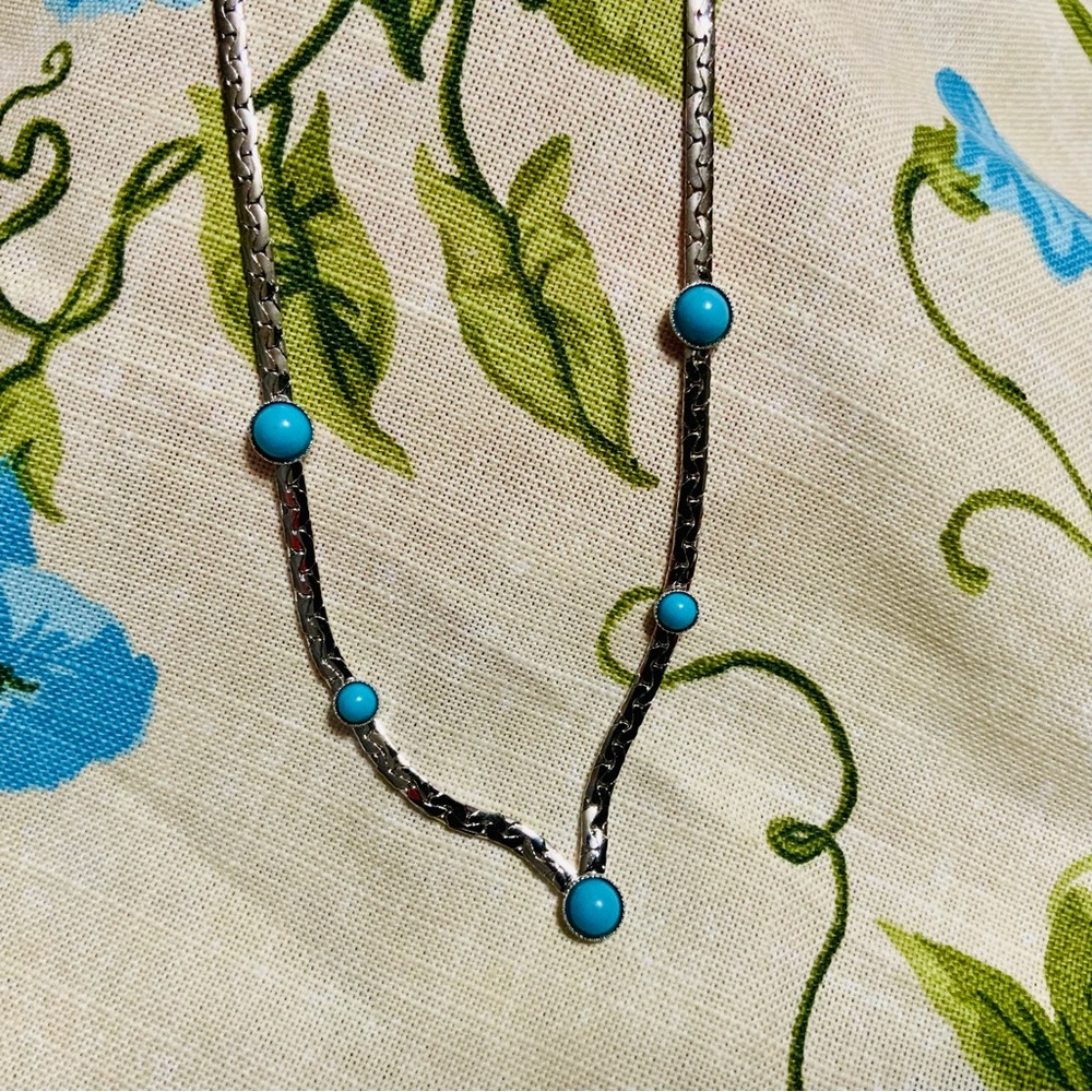 Vintage 70s Sarah Coventry Necklace Silver Tone Faux Turquoise - Picture 4 of 7